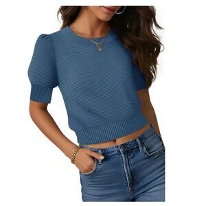 ZESICA Women's Size L Crop Tops Short Sleeve Crew Neck Ribbed Knit Sweaters